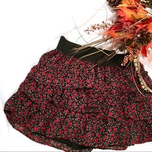 💃Red Black Floral Tiered Ruffle Mini Skirt XS